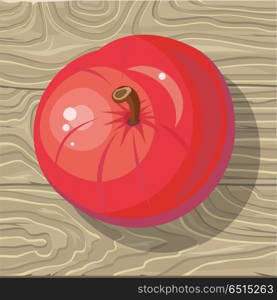 Ripe red apple on wooden background. Flat design vector. Fruit on table. Healthy vegetarian organic food. Autumn harvest concept. Natural gardening. Illustration for plant farm, grocery store ad. Apple on Wooden Background Vector Illustration. Apple on Wooden Background Vector Illustration
