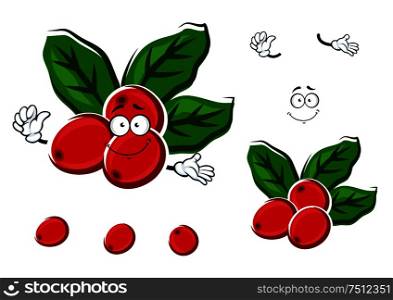 Ripe red berries of arabica coffee beans cartoon character with fresh green leaves, isolated on white. Cartoon red berries of coffee with leaves
