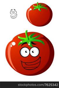 Ripe red cartoon tomato with a happy smiling face and colorful green stalk with a second variation without a face, isolated on white. Ripe red cartoon tomato