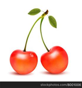 Ripe red cherry berries with leaves. Vector.
