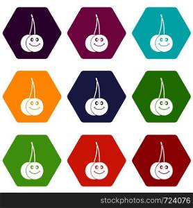 Ripe smiling cherry icon set many color hexahedron isolated on white vector illustration. Ripe smiling cherry icon set color hexahedron