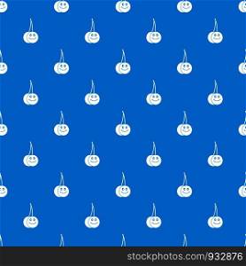 Ripe smiling cherry pattern repeat seamless in blue color for any design. Vector geometric illustration. Ripe smiling cherry pattern seamless blue