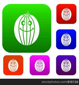 Ripe smiling melon set icon color in flat style isolated on white. Collection sings vector illustration. Ripe smiling melon set color collection
