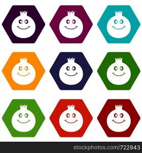 Ripe smiling pomegranate fruit icon set many color hexahedron isolated on white vector illustration. Ripe smiling pomegranate fruit icon set color hexahedron