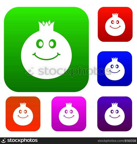 Ripe smiling pomegranate fruit set icon color in flat style isolated on white. Collection sings vector illustration. Ripe smiling pomegranate fruit set color collection