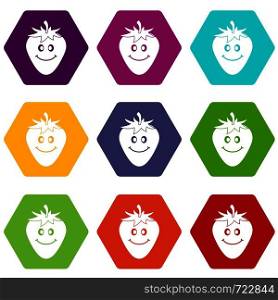Ripe smiling strawberry icon set many color hexahedron isolated on white vector illustration. Ripe smiling strawberry icon set color hexahedron