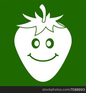 Ripe smiling strawberry icon white isolated on green background. Vector illustration. Ripe smiling strawberry icon green