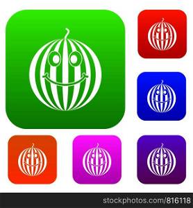 Ripe smiling watermelon set icon color in flat style isolated on white. Collection sings vector illustration. Ripe smiling watermelon set color collection