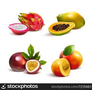 Ripe tropical fruits and slices realistic set with isolated images of mango pitaya papaya and passionfruit vector illustration. Mature Tropical Fruits Set