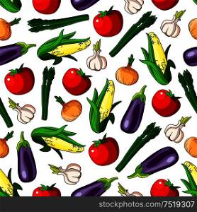 Ripe vegetables seamless pattern background with tomato, onion, eggplant, garlic, corn and asparagus vegetables. Agriculture theme or gardening design. Ripe vegetables seamless pattern background