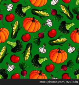 Ripe vegetables seamless pattern of sweet corn and orange pumpkin, juicy red tomato and radish, healthful green broccoli and garlic on bright green background. Agriculture theme design. Seamless vegetables pattern on green background