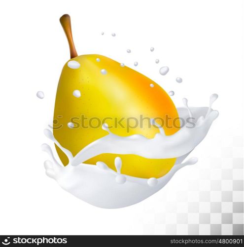 Ripe yellow pear in a milk splash on a transparent background. Vector.