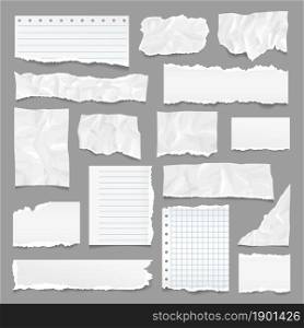 Ripped pages. Torn paper, note strips with rip edges. Notebook page, linear textured sheets. Realistic wrinkled and crumpled blank exact vector elements. Illustration torn ripped white, paper blank. Ripped pages. Torn paper, note strips with rip edges. Notebook page, linear textured sheets. Realistic wrinkled and crumpled blank exact vector elements