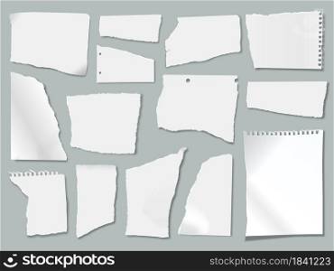 Ripped paper scraps with torn edges, ragged papers pieces. Realistic white crumpled notebook sheets, shredded page strips vector set. Clean or blank fragments for notices from notepad. Ripped paper scraps with torn edges, ragged papers pieces. Realistic white crumpled notebook sheets, shredded page strips vector set