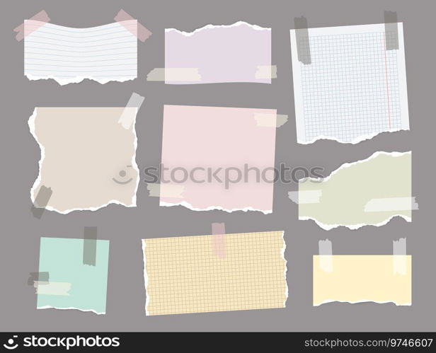 Ripped paper with sticky tape. Notepad with ruled pages and adhesive tape, vintage blank notecards with sticky notes. Vector isolated set of torn cardboard message illustration. Ripped paper with sticky tape. Notepad with ruled pages and adhesive tape, vintage blank notecards with sticky notes. Vector isolated set