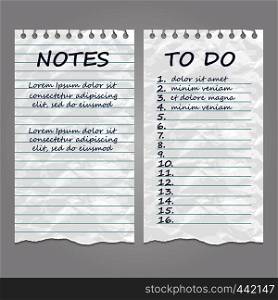 Ripped vintage paper pages for notes and to do list. Remember message notepad with handwriting text. Vector illustration. Ripped vintage paper pages for notes and to do list