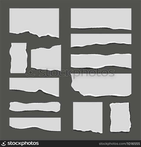 Ripped white paper. Torn light scrap note paper for notes pieces vector realistic pictures for banners. Illustration of torn paper, ripped page. Ripped white paper. Torn light scrap note paper for notes pieces vector realistic pictures for banners