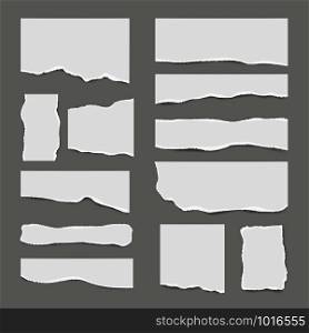 Ripped white paper. Torn light scrap note paper for notes pieces vector realistic pictures for banners. Illustration of torn paper, ripped page. Ripped white paper. Torn light scrap note paper for notes pieces vector realistic pictures for banners