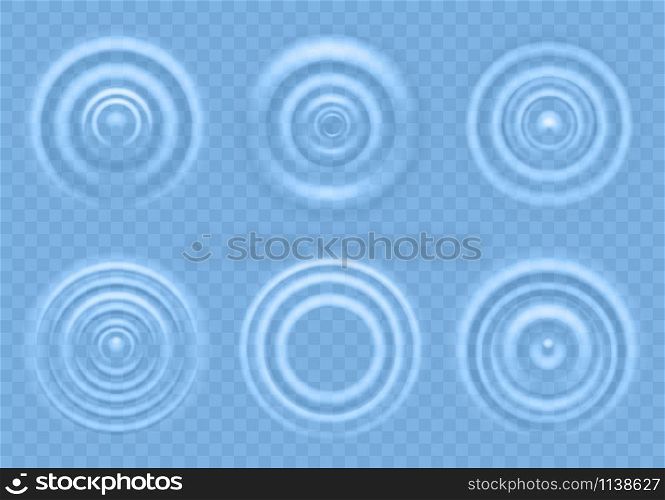 Ripple on blue water. Circular waves of liquid product top view, splash from falling drops, round radial ripples on sea concentric surface vector realistic texture. Ripple on blue water. Circular waves of liquid product top view, splash from falling drops, round radial ripples on sea surface vector texture