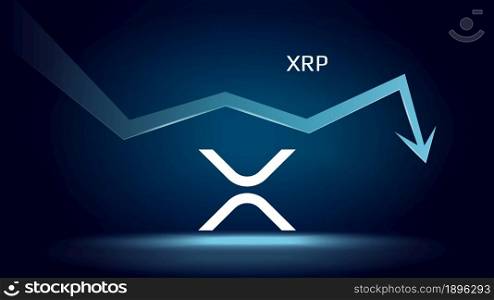 Ripple XRP in downtrend and price falls down. Crypto coin symbol and down arrow. Uniswap crushed and fell down. Cryptocurrency trading crisis and crash. Vector illustration.