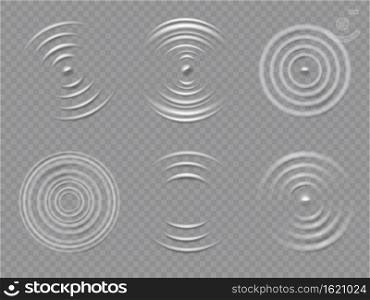 Ripples top view. Realistic water concentric circles and liquid circular waves. Round sound wave splash effects. 3d drop rings vector set. Fluid droplet making circles, purity and freshness. Ripples top view. Realistic water concentric circles and liquid circular waves. Round sound wave splash effects. 3d drop rings vector set