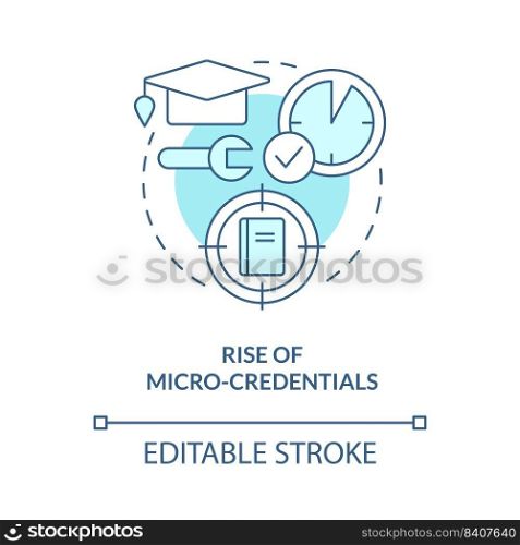 Rise of micro credentials turquoise concept icon. Short course. Trend in education abstract idea thin line illustration. Isolated outline drawing. Editable stroke. Arial, Myriad Pro-Bold fonts used. Rise of micro credentials turquoise concept icon