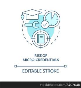 Rise of micro credentials turquoise concept icon. Short course. Trend in education abstract idea thin line illustration. Isolated outline drawing. Editable stroke. Arial, Myriad Pro-Bold fonts used. Rise of micro credentials turquoise concept icon