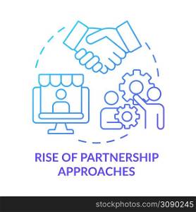 Rise of partnership approaches blue gradient concept icon. Affiliate program. Retail strategy trends abstract idea thin line illustration. Isolated outline drawing. Myriad Pro-Bold font used. Rise of partnership approaches blue gradient concept icon