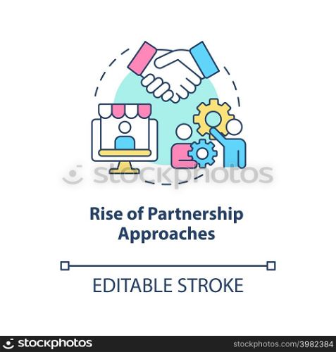 Rise of partnership approaches concept icon. Retail strategy trends abstract idea thin line illustration. Isolated outline drawing. Editable stroke. Arial, Myriad Pro-Bold fonts used. Rise of partnership approaches concept icon