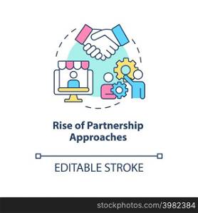 Rise of partnership approaches concept icon. Retail strategy trends abstract idea thin line illustration. Isolated outline drawing. Editable stroke. Arial, Myriad Pro-Bold fonts used. Rise of partnership approaches concept icon