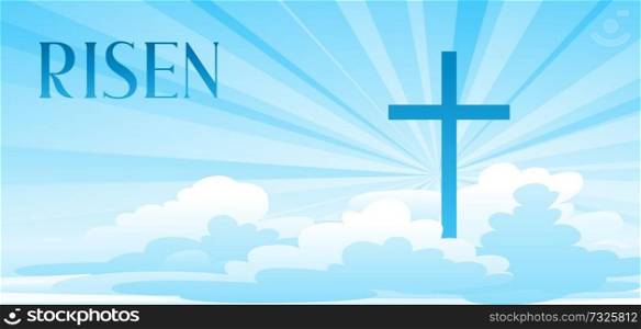 Risen. Easter illustration. Greeting card with cross and clouds. Religious symbol of faith.. Risen. Easter illustration. Greeting card with cross and clouds.
