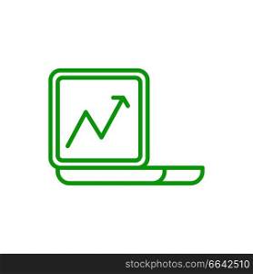 Rising arrow depicted on screen of computer, icon of green colour, represented on vector illustration isolated on white background. Rising Arrow on Screen on Vector Illustration