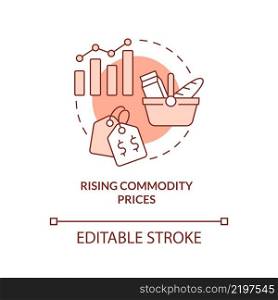 Rising commodity prices red concept icon. Primary product. Market economy cons abstract idea thin line illustration. Isolated outline drawing. Editable stroke. Arial, Myriad Pro-Bold fonts used. Rising commodity prices red concept icon