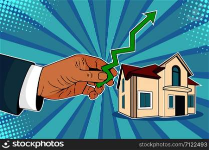Rising house prices. Man is holding green arrow up in his hand upon house. Cartoon comic vector illustration in pop art retro style.