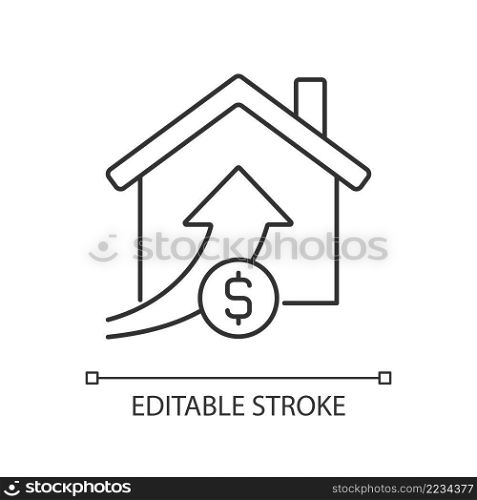 Rising property prices linear icon. Real estate. Property sale. Buying house for increased price. Thin line illustration. Contour symbol. Vector outline drawing. Editable stroke. Arial font used. Rising property prices linear icon