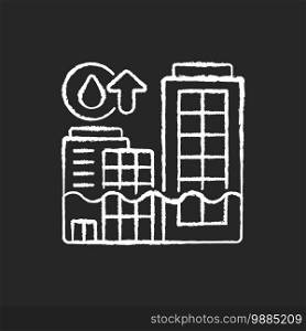 Rising seas chalk white icon on black background. Melting of land based ice sheets and glaciers. Worldwide problems. People damaging ecosystem of planet. Isolated vector chalkboard illustration. Rising seas chalk white icon on black background