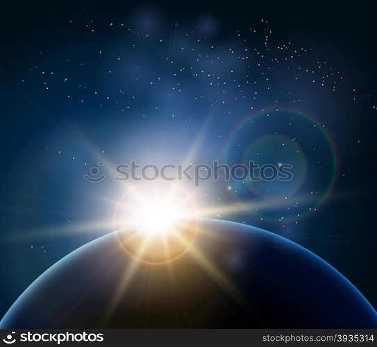 Rising Sun over the planet Earth. Illustration in realistic style