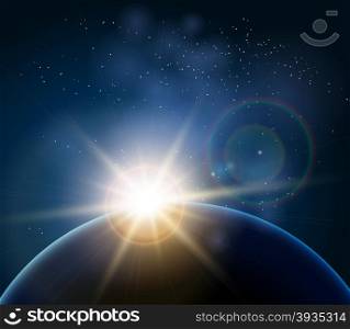 Rising Sun over the planet Earth. Illustration in realistic style