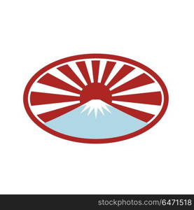 Rising Sun With Snow Capped Mountain Icon. Icon retro style illustration of a snow capped mountain that looks like Mount Fuji with Japanese rising sun in back set inside oval shape on isolated background.. Rising Sun With Snow Capped Mountain Icon