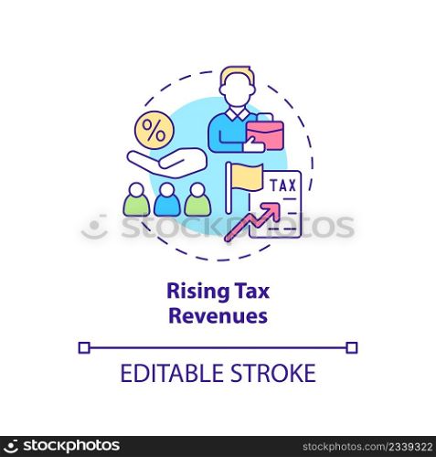 Rising tax revenues concept icon. Legalizing unauthorized immigrants positive impact abstract idea thin line illustration. Isolated outline drawing. Editable stroke. Arial, Myriad Pro-Bold fonts used. Rising tax revenues concept icon