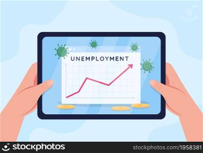 Rising unemployment rate flat color vector illustration. Crisis in job market. Impact of viral pandemic. Looking at online statistics 2D cartoon first person view on tablet background. Rising unemployment rate flat color vector illustration