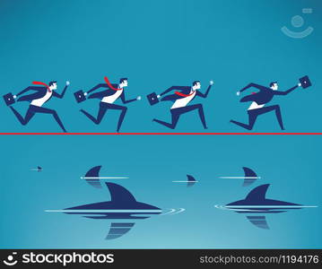 Risk. Business team running on tightrope in rope with floating predatory sharks. Concept business vector illustration.