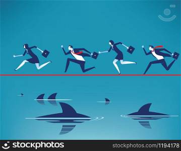Risk. Business team running on tightrope in rope with floating predatory sharks. Concept business vector illustration.