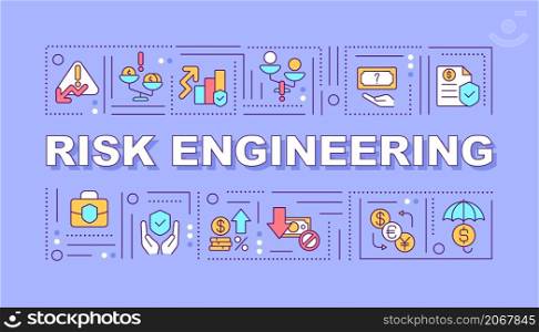 Risk engineering word concepts purple banner. Safety policy. Infographics with linear icons on background. Isolated typography. Vector outline color illustration with text. Arial-Black font used. Risk engineering word concepts purple banner