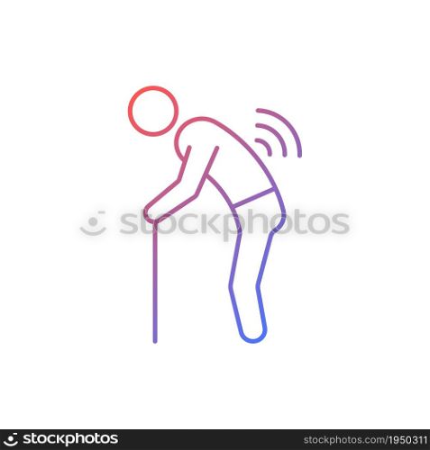 Risk factor linked to age gradient linear vector icon. Elderly man with back ache. Spinal arthritis development. Thin line color symbol. Modern style pictogram. Vector isolated outline drawing. Risk factor linked to age gradient linear vector icon