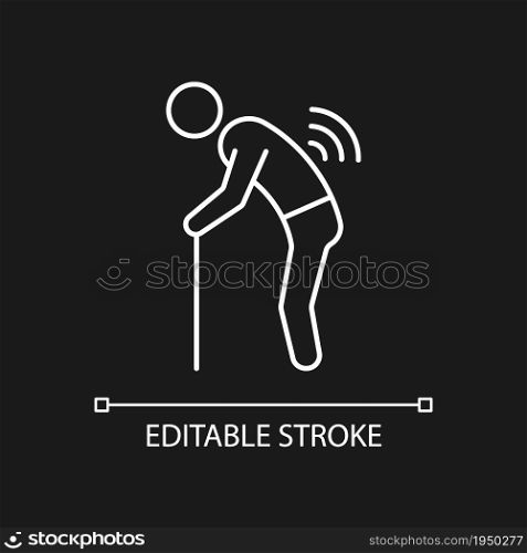 Risk factor linked to age white linear icon for dark theme. Elderly man with back ache. Thin line customizable illustration. Isolated vector contour symbol for night mode. Editable stroke. Risk factor linked to age white linear icon for dark theme