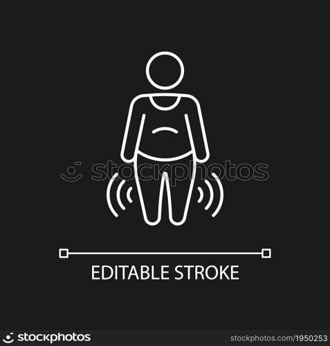 Risk factor linked to obesity white linear icon for dark theme. Increasing risk of osteoarthritis. Thin line customizable illustration. Isolated vector contour symbol for night mode. Editable stroke. Risk factor linked to obesity white linear icon for dark theme