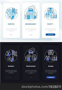 Risk factors for ADHD onboarding mobile app page screen. Environment walkthrough 3 steps graphic instructions with concepts. UI, UX, GUI vector template with linear night and day mode illustrations. Risk factors for ADHD onboarding mobile app page screen