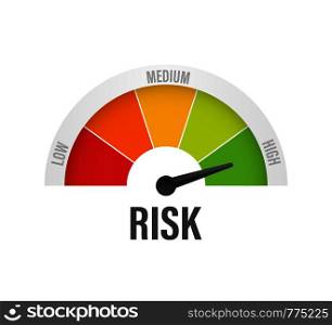 Risk icon on speedometer. High risk meter. Vector illustration.. Risk icon on speedometer. High risk meter. Vector stock illustration.