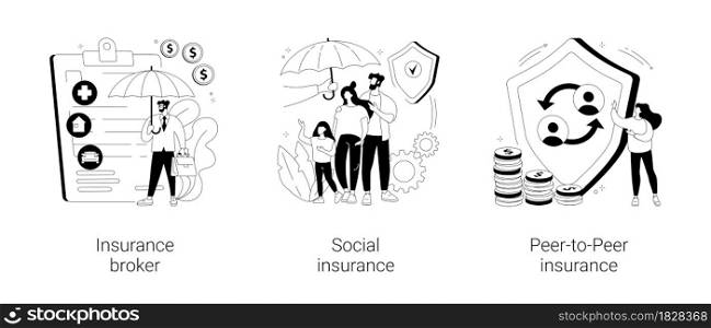 Risk insurance abstract concept vector illustration set. Insurance broker, social and peer-to-peer paid benefit, emergency risk, unemployment and income loss, pension trust fund abstract metaphor.. Risk insurance abstract concept vector illustrations.